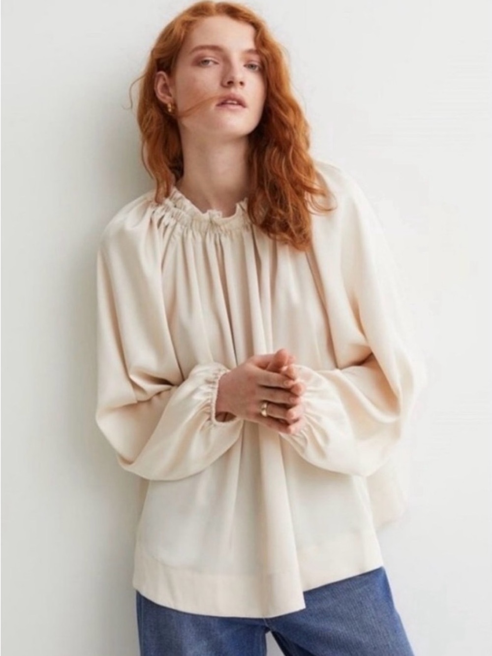 H&M Ballon Sleeve Cream Long Sleeved Blouse Women’s Size Large
